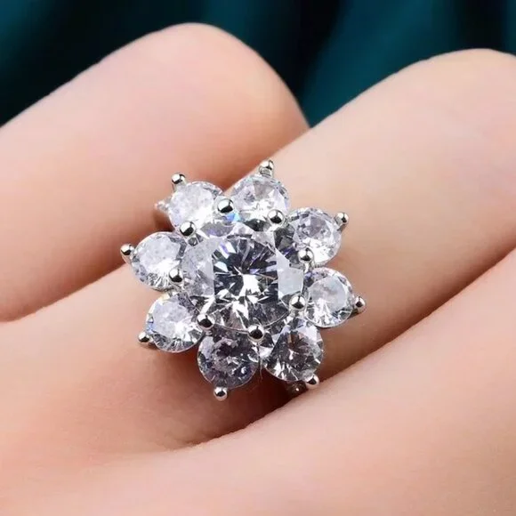 NEW 1 Carat Moissanite Flower Ring Sterling Silver